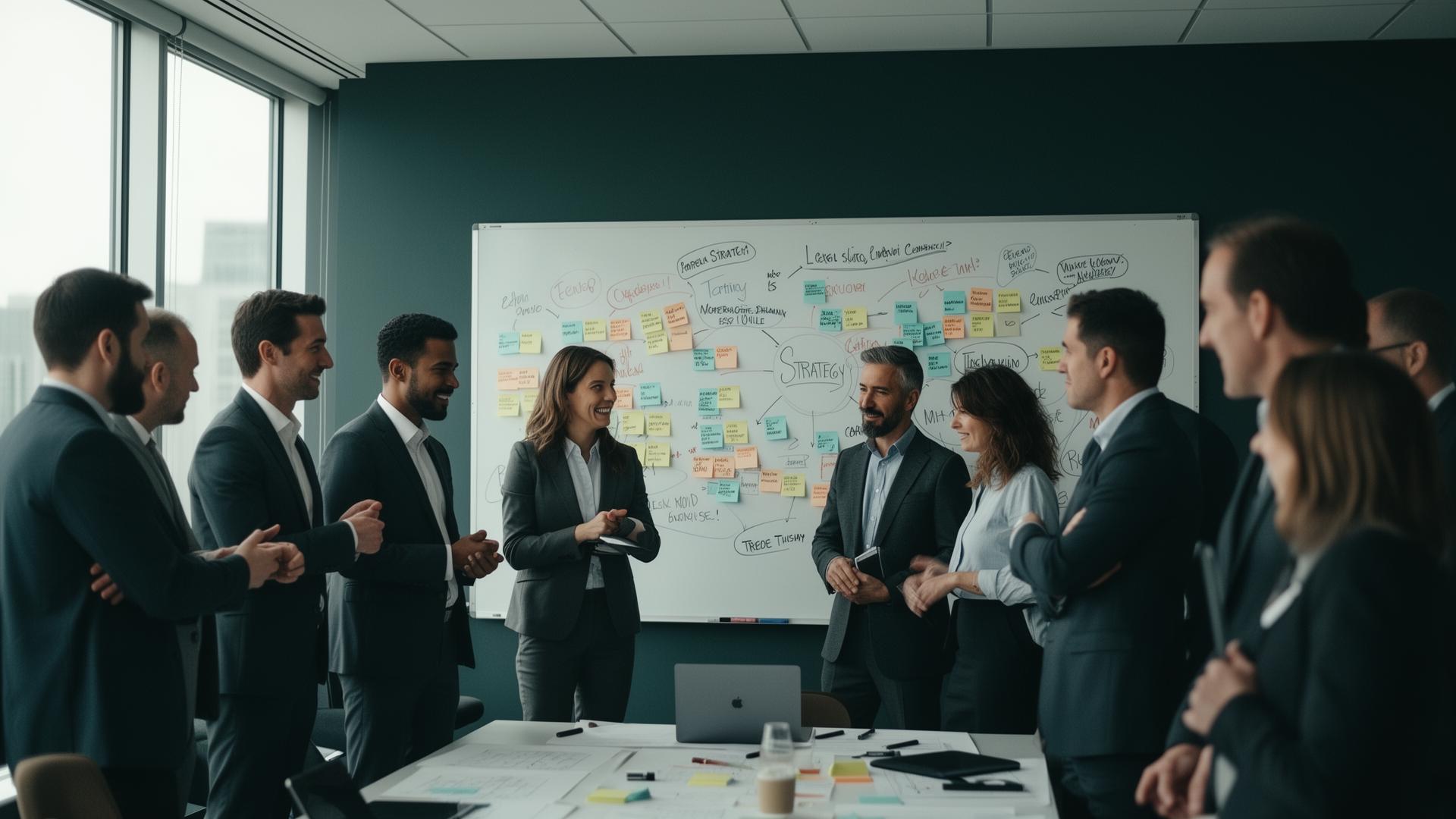 Business leaders collaborating in a strategy workshop around a whiteboard